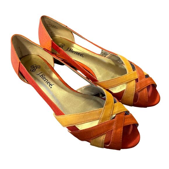 NEW Neiman Marcus 8 J Renee Criss Cross Satin Low Wedge Heel Flats Orange Yellow - Picture 5 of 7